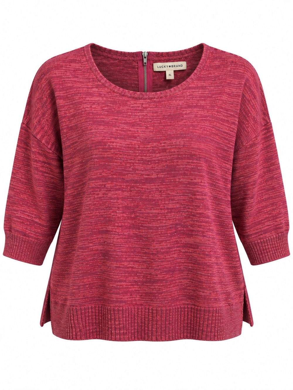 LUCKY BRAND | Berry Pink Red Marled Boxy Dolman Back Zip Space Dye Sweater | XL